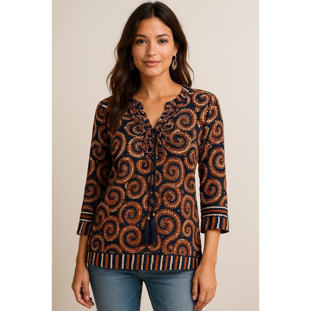 Tory Burch Blue Orange‎ Paisley Print Tunic Top Blouse Size 8